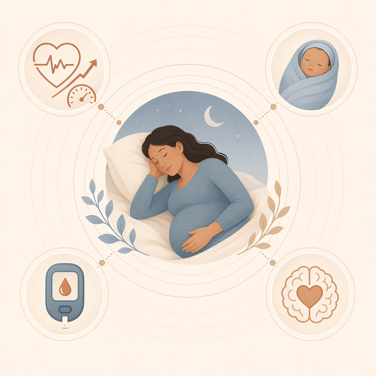 Abstract pregnant sleeping silhouette connected to icons for maternal and infant health outcomes
