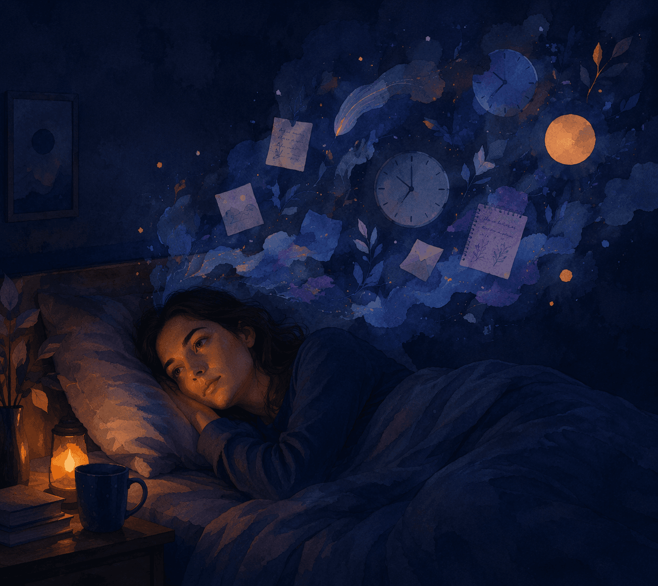A person lying awake in a dark bedroom at night, viewed from above, with soft floating thought fragments, faint clock faces, and abstract shapes in cool blue and purple tones hovering above them, with warm amber accent highlights against a midnight-blue background.