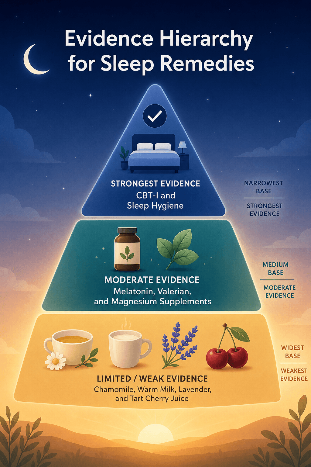 A three-tier pyramid infographic on a midnight-blue to warm-amber gradient background. The top narrow tier shows a minimalist bed icon with a checkmark labeled CBT-I and Sleep Hygiene. The middle tier shows a bottle and leaf icon labeled Melatonin, Valerian, Magnesium. The wide bottom tier shows a teacup, lavender sprig, and cherries labeled Chamomile, Warm Milk, Lavender, Tart Cherry.