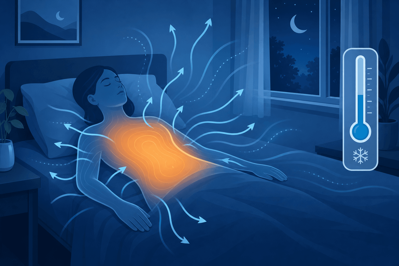 A sleeping human silhouette in a cool blue bedroom with warm orange glow emanating from the body core, surrounded by blue arrows showing heat dissipating outward into the 65-68°F room.