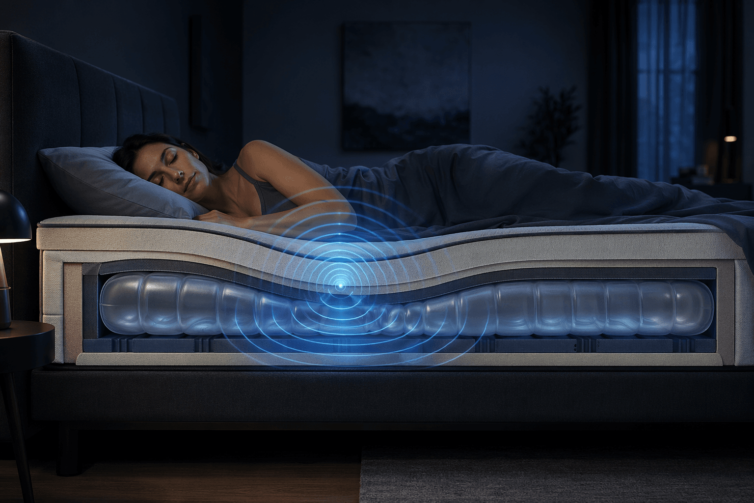 Cross-section illustration of a person sleeping on a smart bed with wave ripples moving through an air bladder sensor