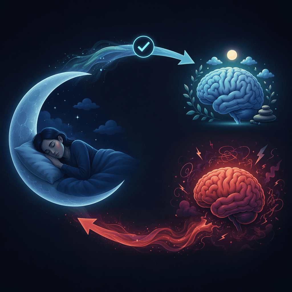 A visual cycle with a sleeping figure on one side and a brain on the other, connected by two curved arrows — one showing calm cool-toned flow from sleep to a balanced brain, the other showing warm agitated flow from a distressed brain to restless sleep, illustrating the bidirectional relationship.