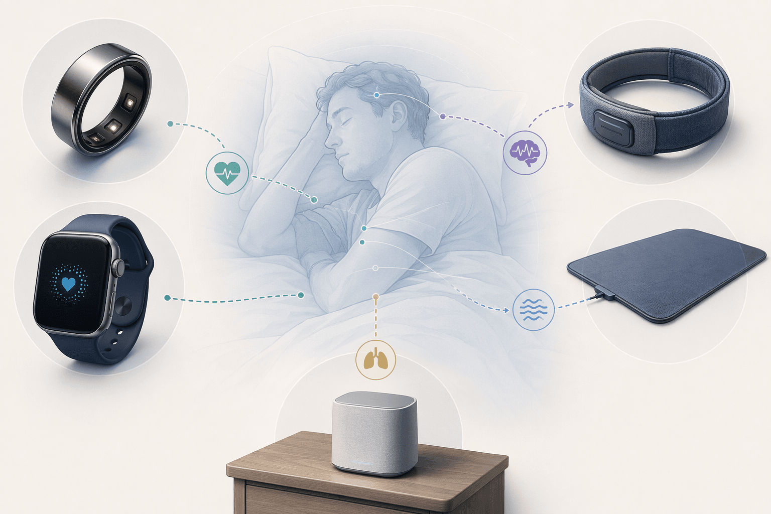 Five sleep monitor form factors arranged around a sleeping person with heart rate, brain wave, movement, and breathing sensor indicators