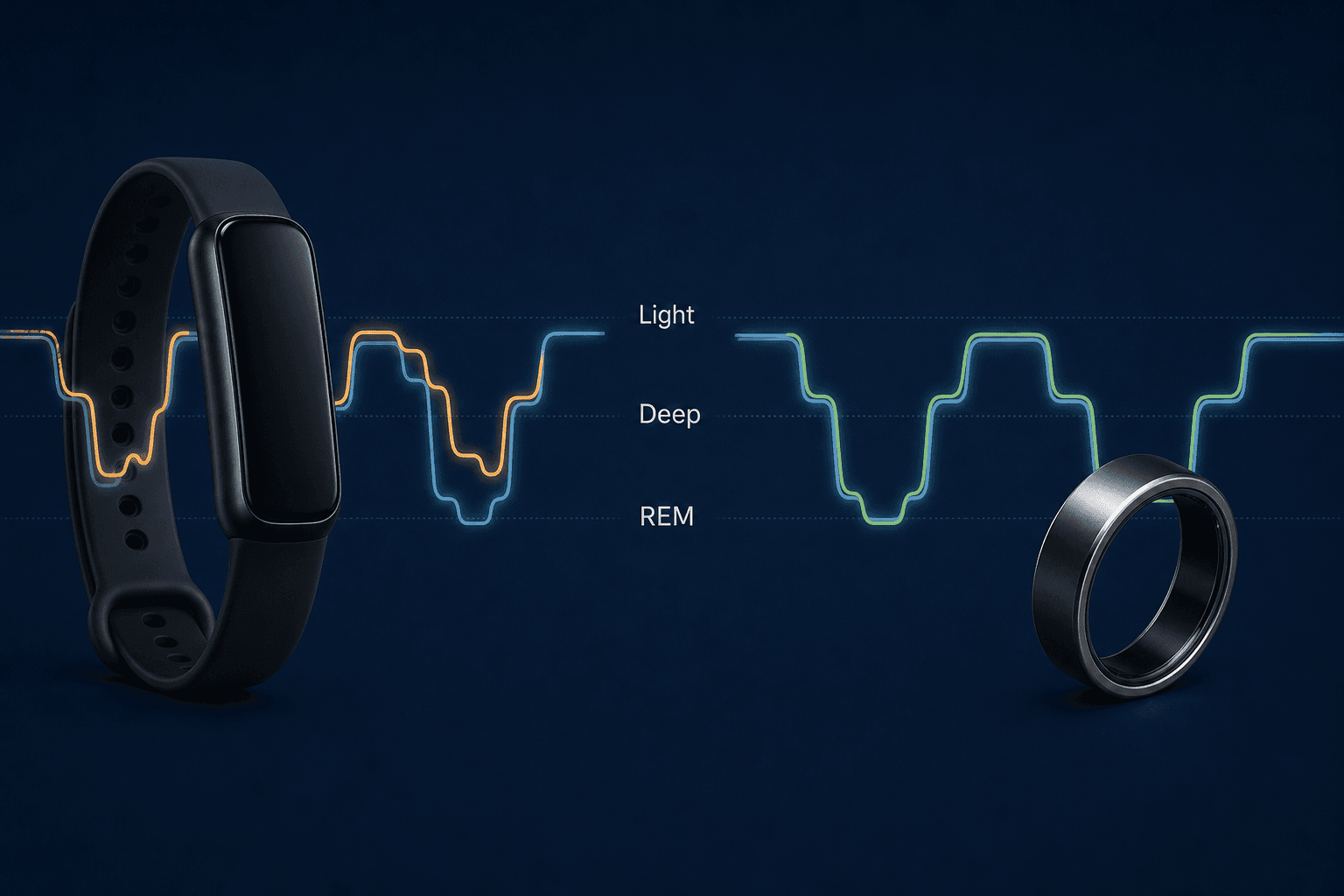 Split editorial illustration showing a wrist fitness band with a diverging amber hypnogram trace on the left, and a smart ring with a closely-matching green hypnogram trace on the right, both compared against a reference light-blue trace.