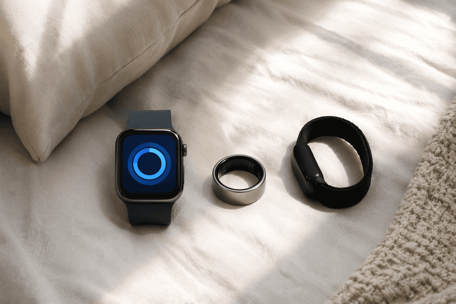 Smartwatch, smart ring, and fitness band arranged on a bedsheet in soft morning light