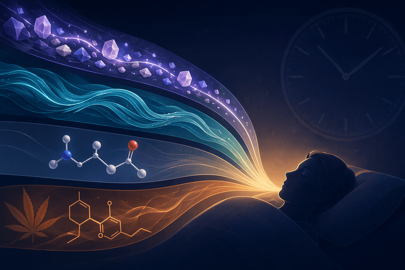 Four distinct glowing sleep-support pathways converging toward a sleeping silhouette while a clock sits apart as a separate timing factor