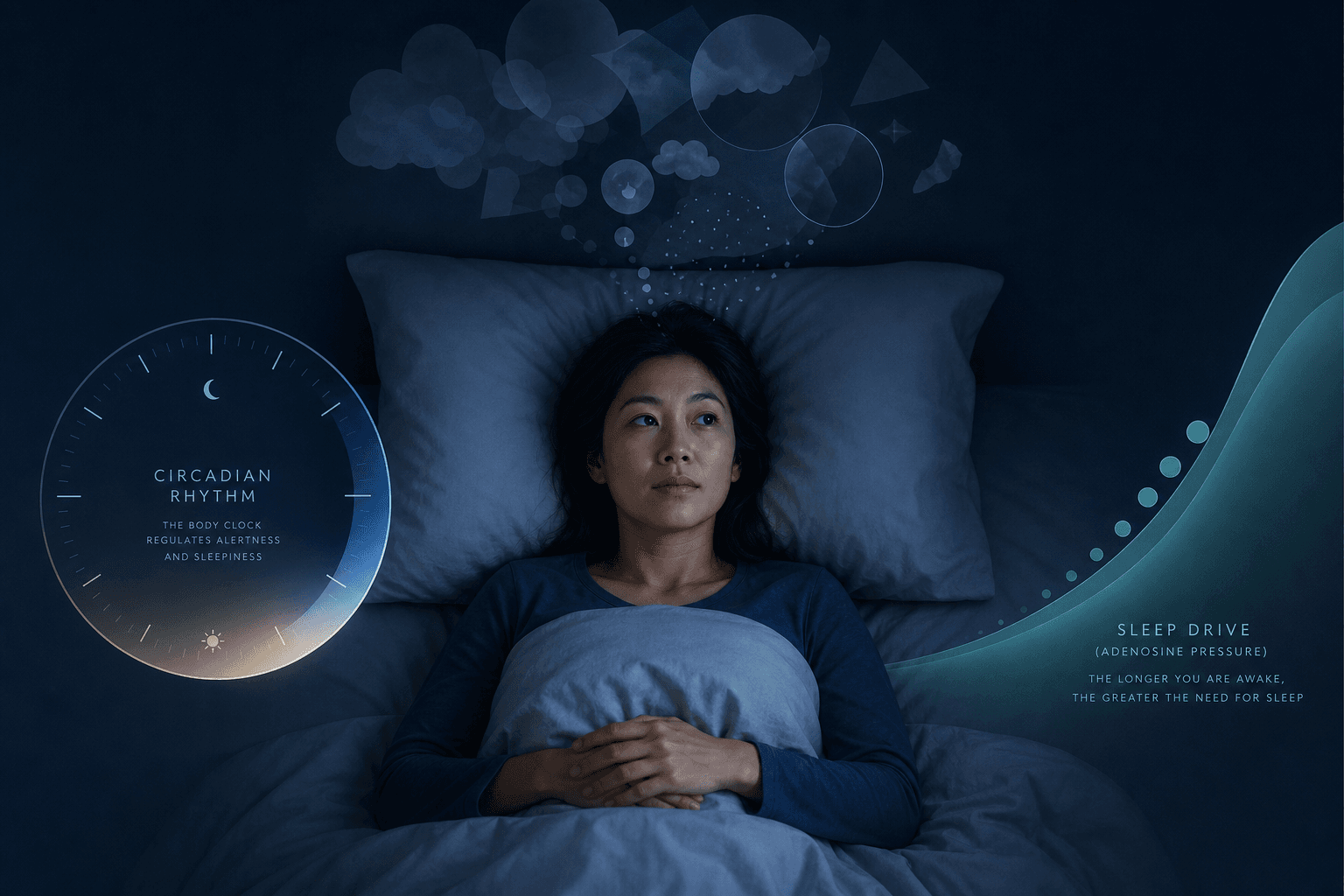 A person lies awake in bed at night, with a clock-face motif on the left representing the circadian rhythm and a gentle wave pattern on the right representing the sleep drive. Faint thought shapes float above the person's head.