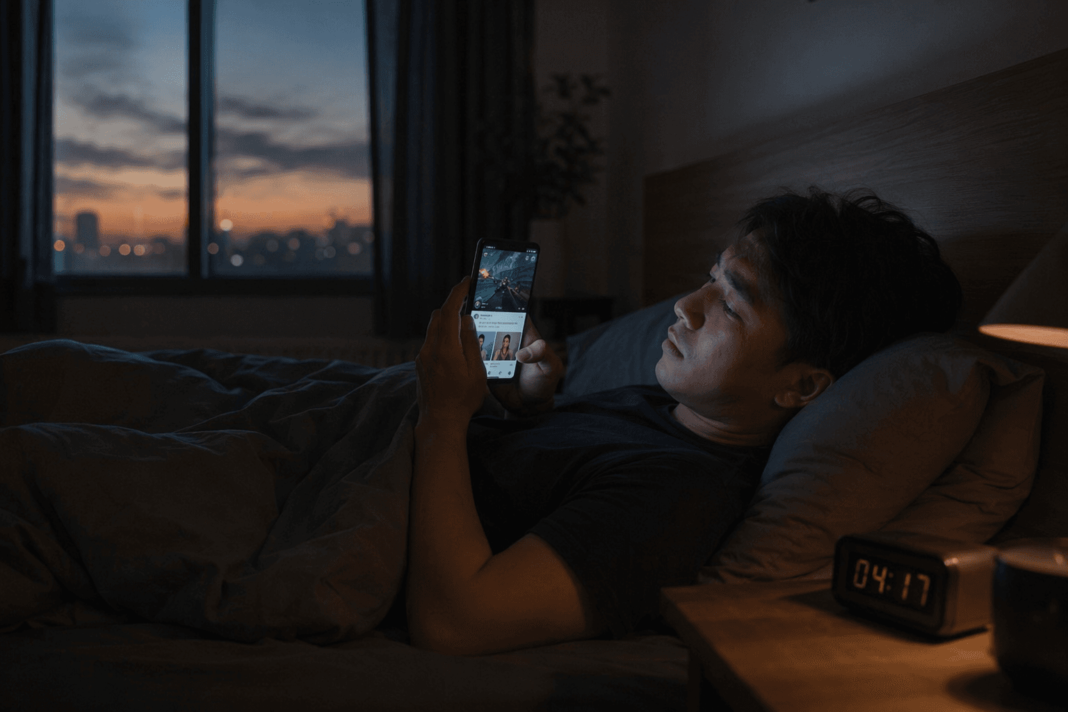 Person awake in bed late at night using a warm-toned smartphone while dawn light appears outside
