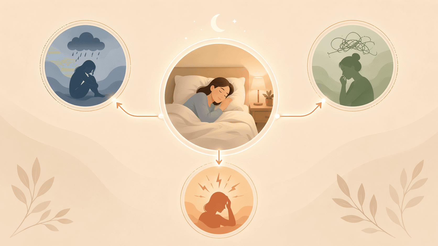 A clean conceptual diagram showing a sleeping figure connected to depression, anxiety, and stress.