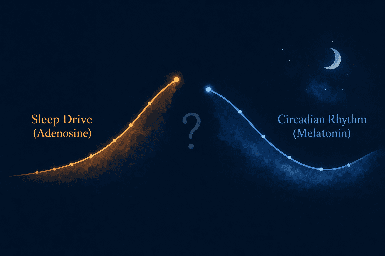 An editorial diagram showing two curves on a dark blue background: a warm amber upward-curving line representing sleep drive (adenosine) rising during wakefulness, and a cool blue downward wave representing circadian rhythm (melatonin), with a visual gap between them indicating the mismatch.