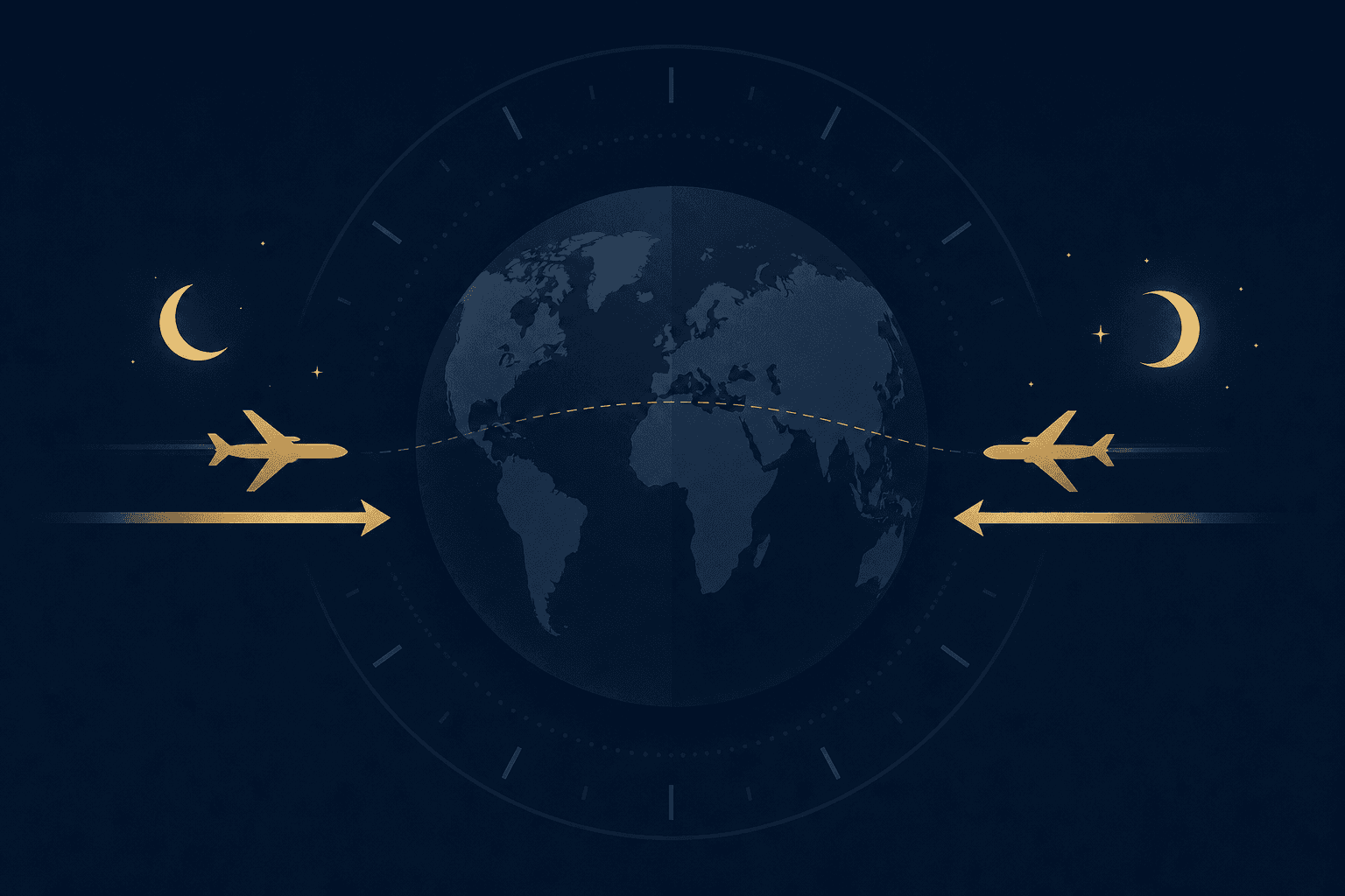 Two airplane silhouettes flying in opposite directions over a globe outline, each paired with a crescent moon icon suggesting different sleep timing adjustments for eastward and westward travel.