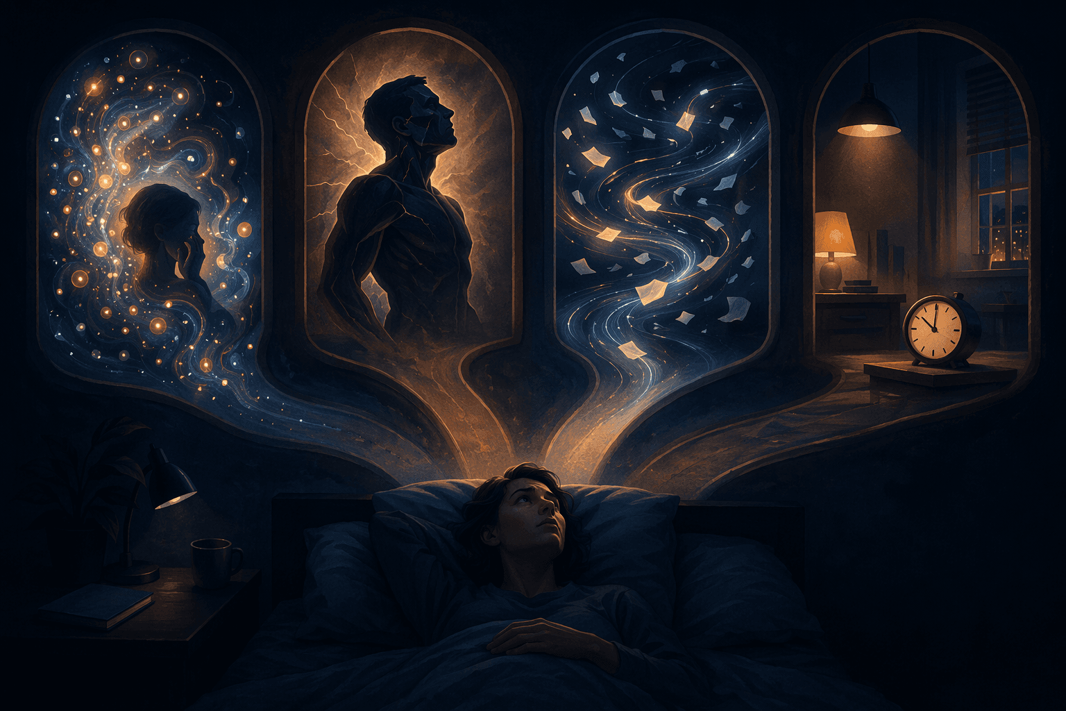 Person lying awake with four pathways representing anxious thoughts, physical tension, racing thoughts, and environmental factors