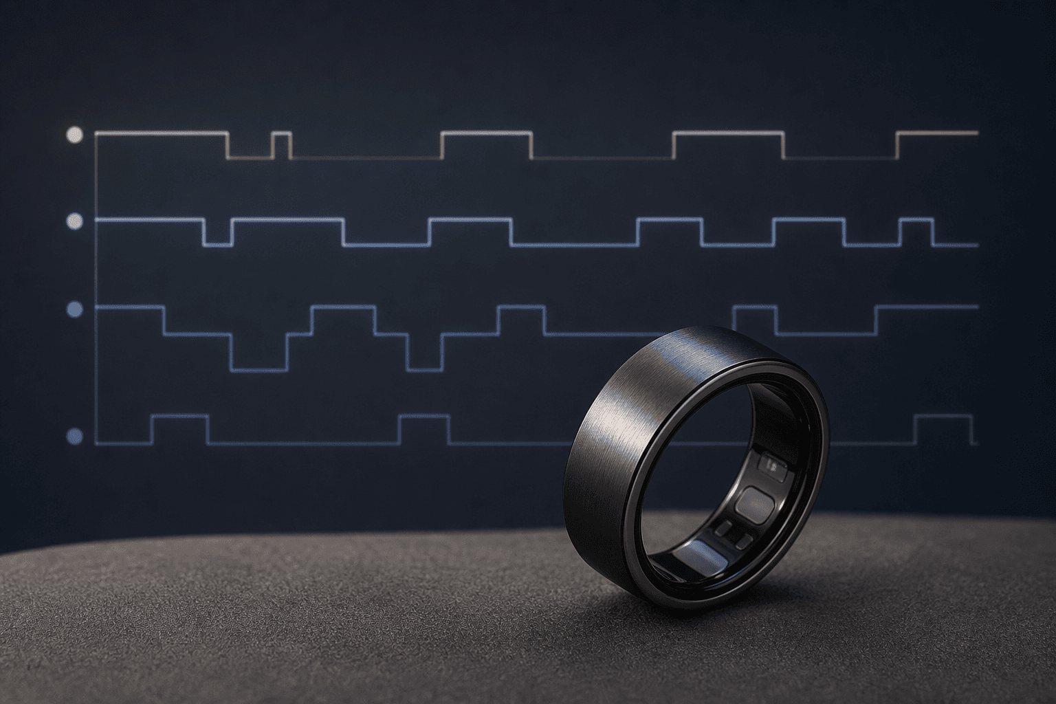 A dark titanium ring resting on a neutral surface with a semi-transparent sleep hypnogram glowing behind it in soft blue-white tones.