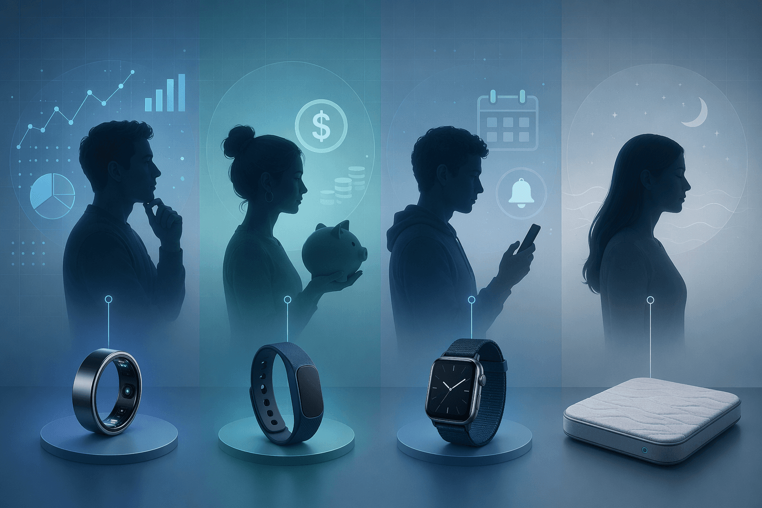 Four abstract user silhouettes each linked to a different sleep tracker form factor icon — analytical silhouette to smart ring, budget silhouette to fitness band, multifunctional silhouette to smartwatch, minimalist silhouette to mattress sensor — arranged in a decision-matrix flow