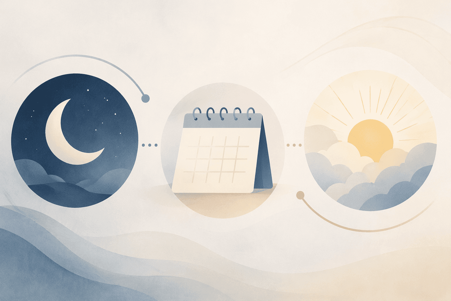Minimal illustration of a moon, calendar, and morning sun representing frequency, duration, and daytime function