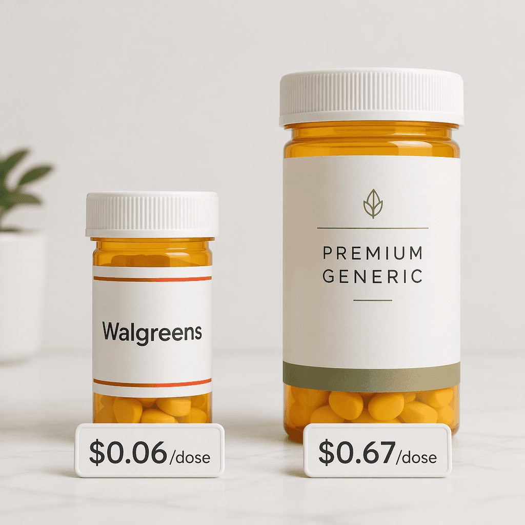 Side-by-side sleep-aid bottles comparing a lower store-brand cost per dose with a higher premium-brand cost per dose