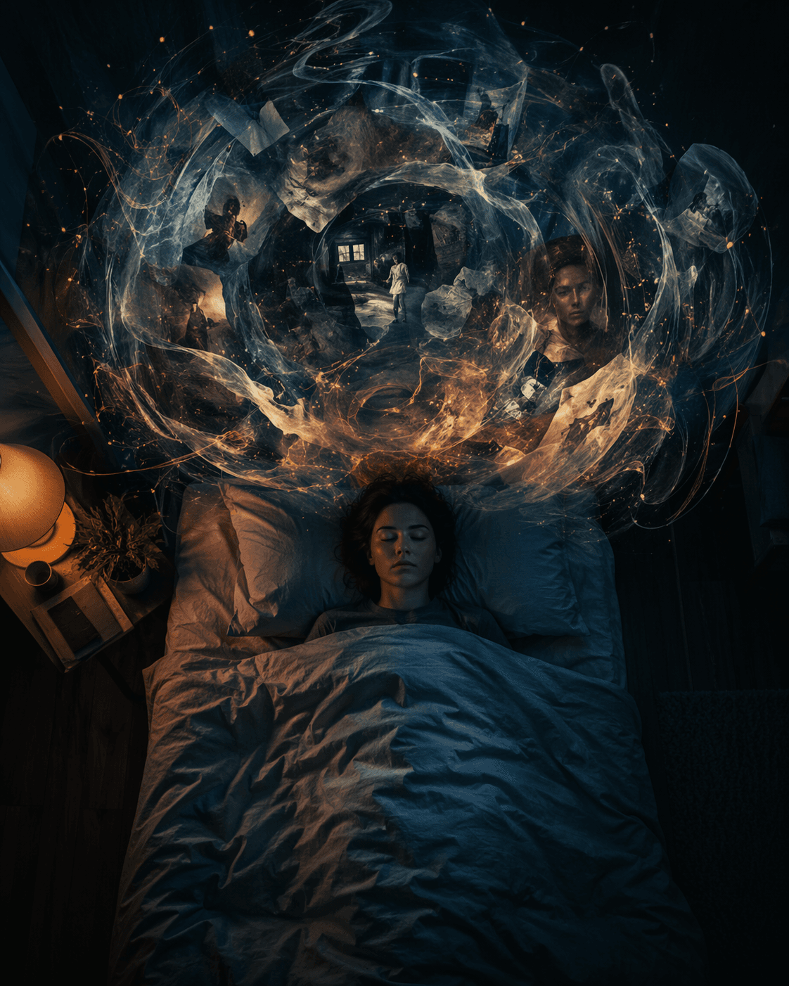 A person lies still in bed under dim blue light while thought fragments swirl overhead, contrasting physical rest with mental activity.