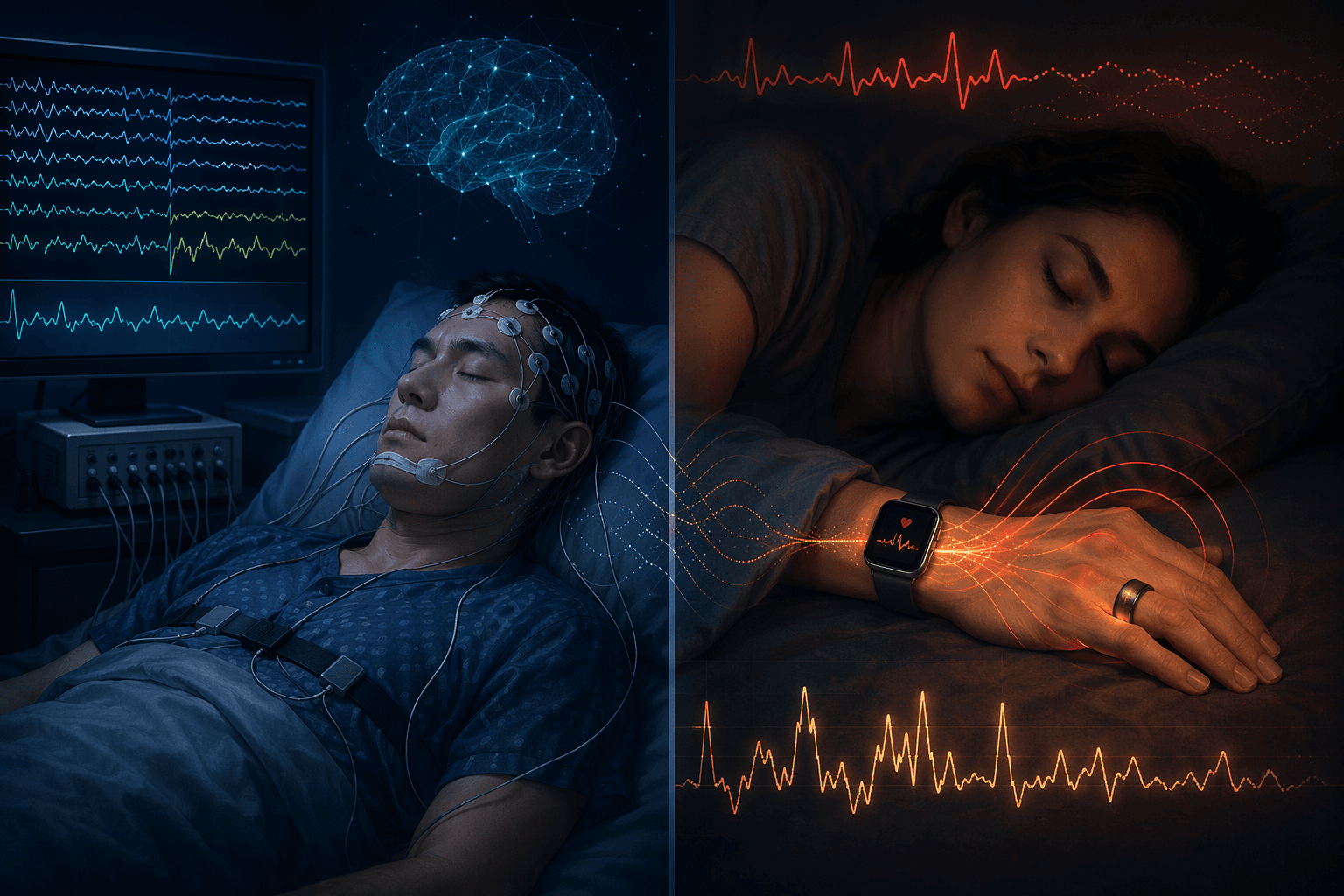 Clinical PSG brain-wave measurement compared with wearable pulse and movement signal inference