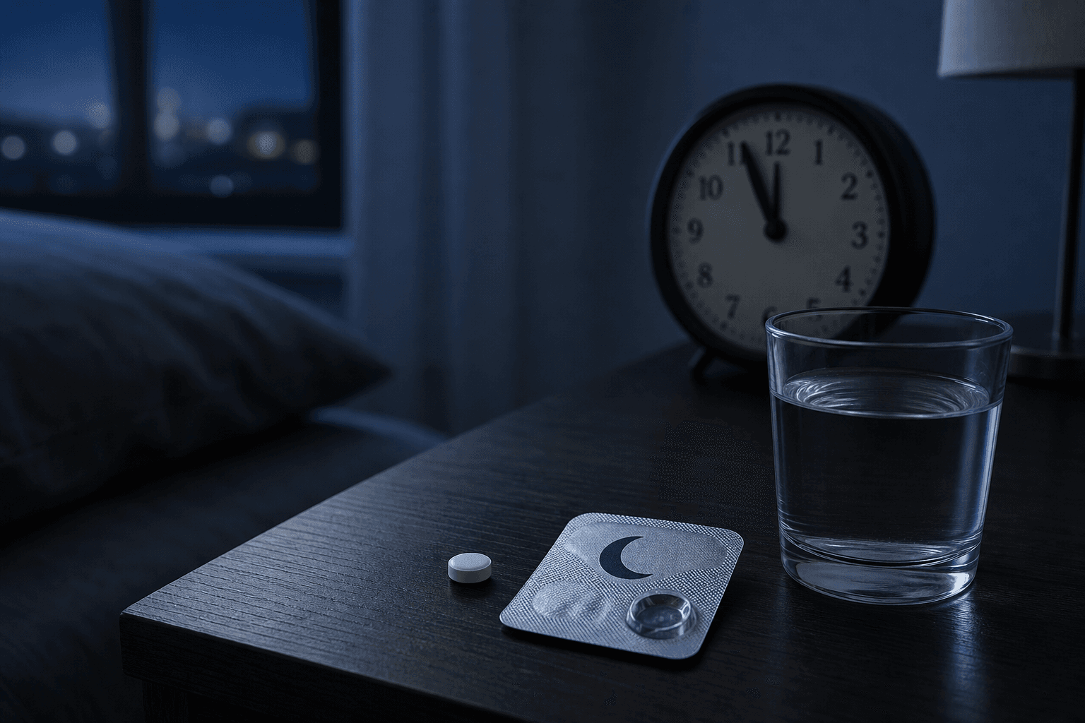 A nightstand at night with a single white tablet, a blister pack with a crescent-moon sleep icon, and a glass of water, with a clock showing approximately 11 PM in the background.