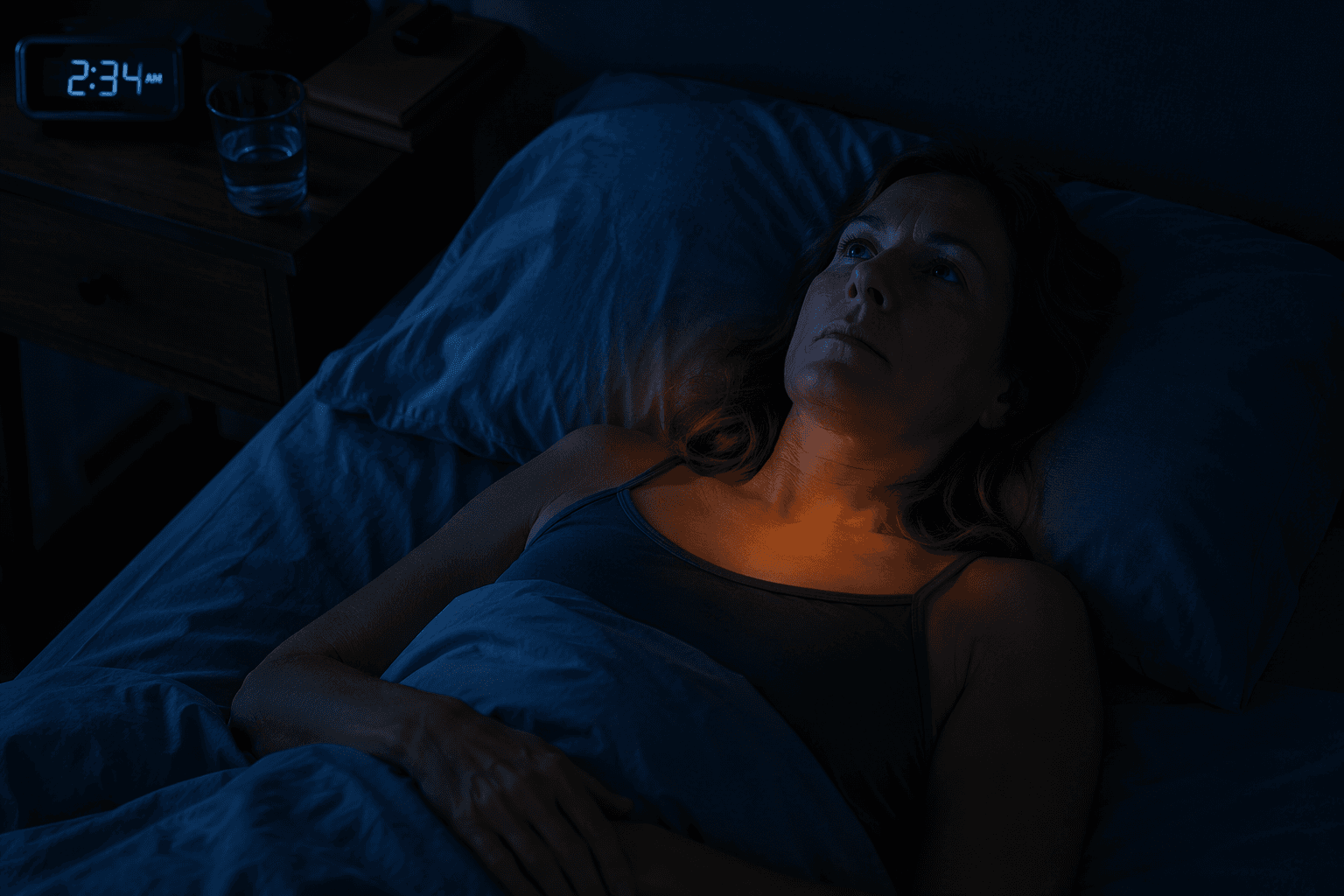 Woman awake at 2:34 AM with a subtle hot flash glow in a dark bedroom