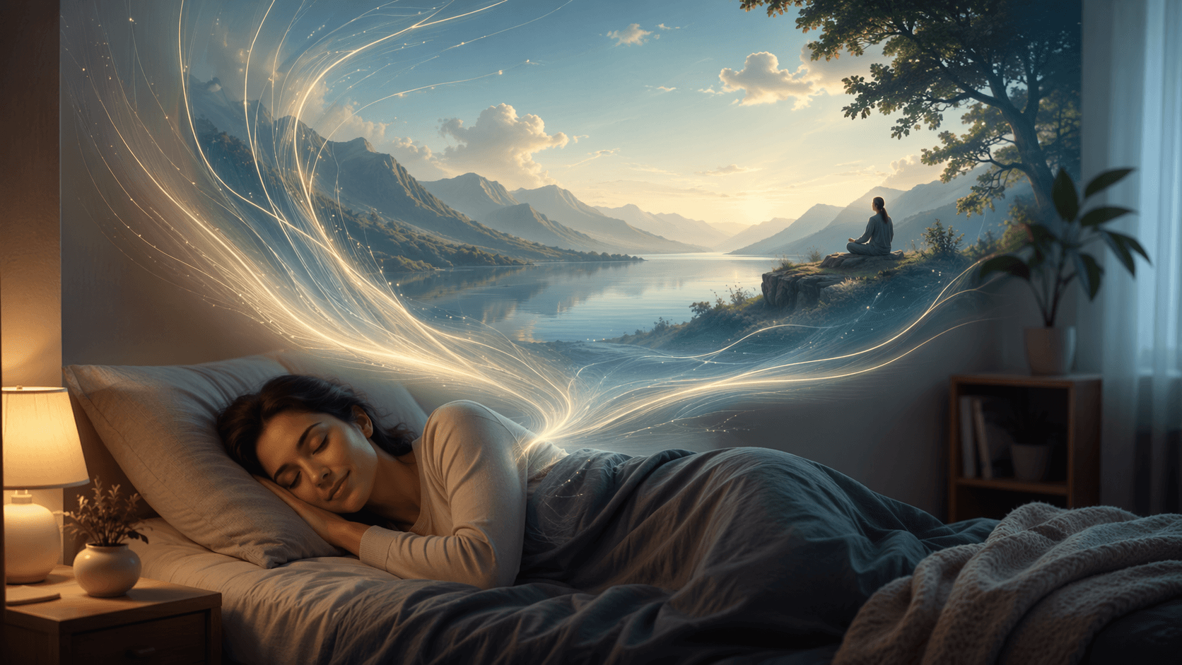A person sleeping peacefully in a softly lit bedroom with luminous energy lines rising into a calm mental landscape above.