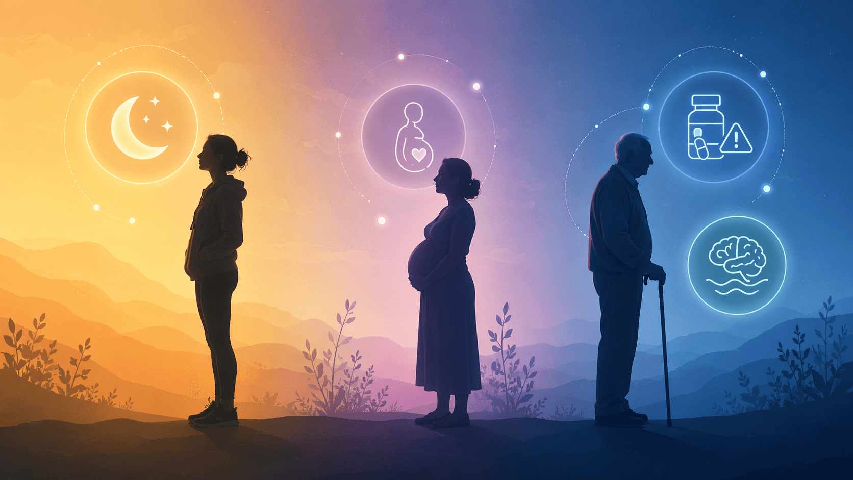 Different life stages surrounded by sleep aid icons, showing that sleep aid safety depends on the person