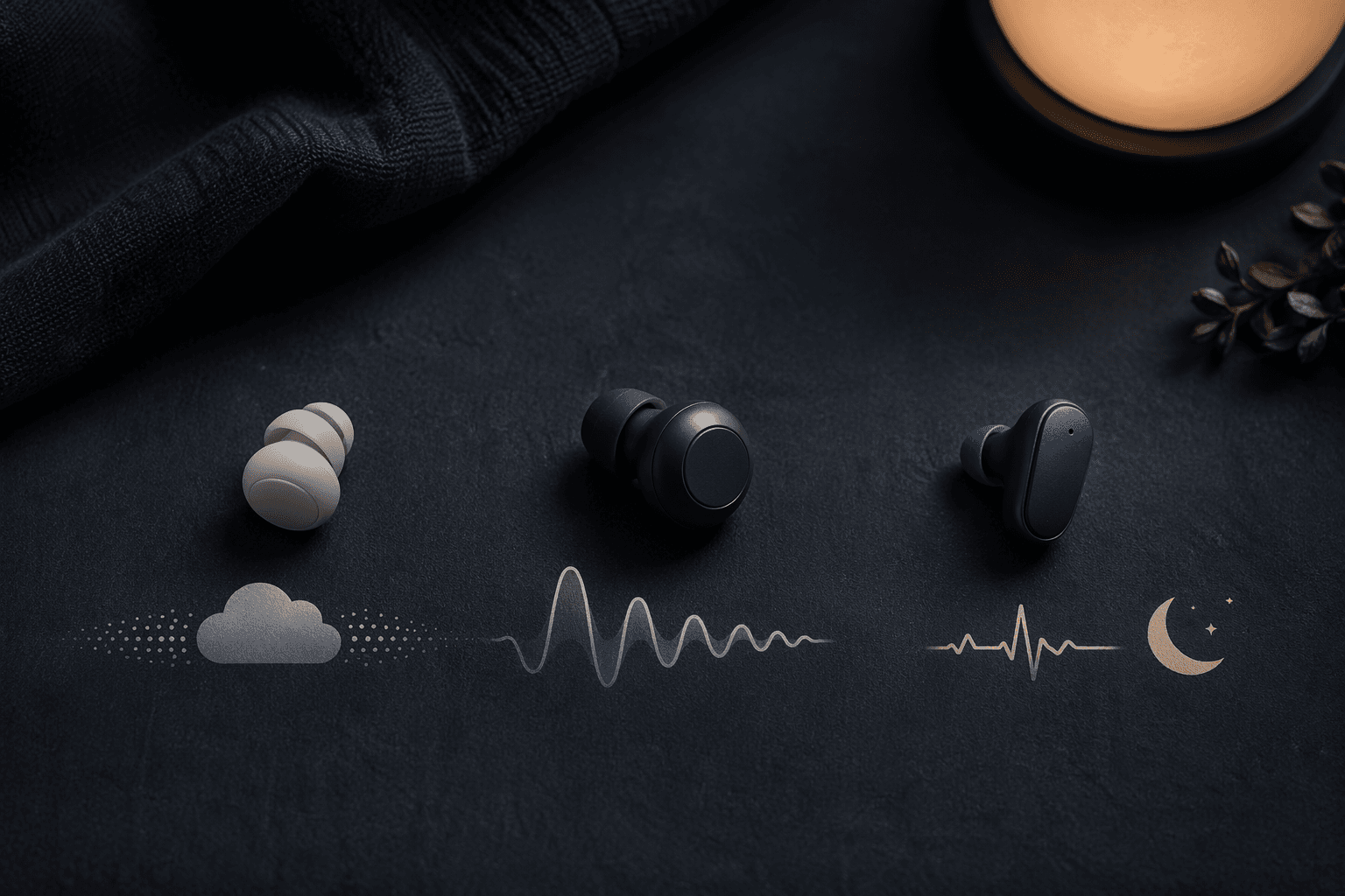 Flat lay showing passive masking, ANC snore masking, and hybrid sleep tracking earbud scenarios