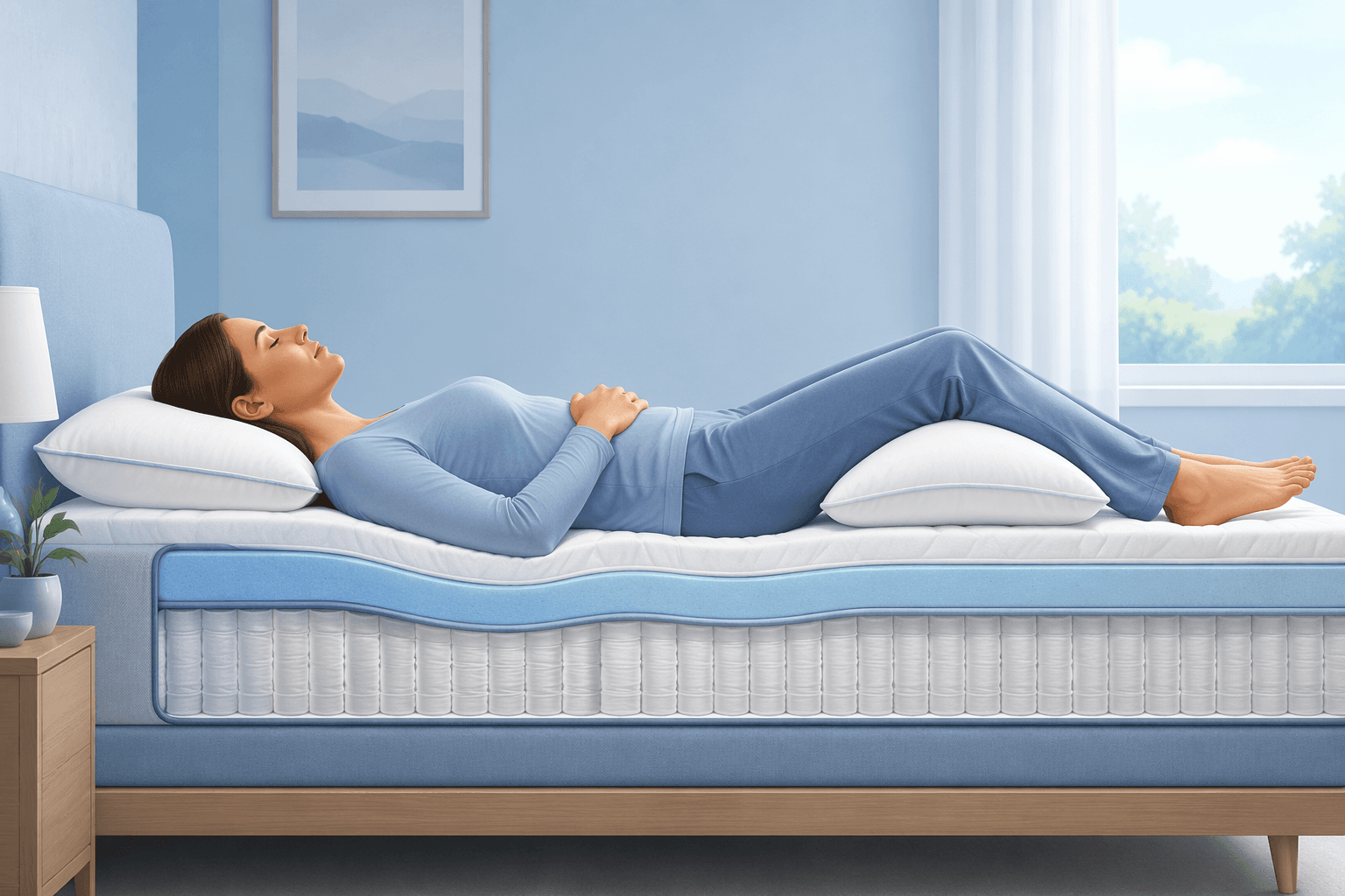 A side-view cross-section of a person lying on their back on a mattress, with a medium-loft pillow filling the neck gap and a pillow under bent knees supporting the lumbar curve.
