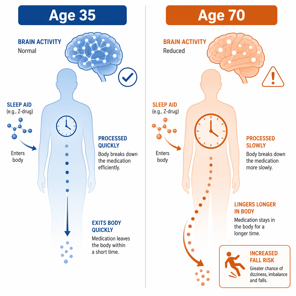 Split educational diagram comparing a younger adult body (age 35) versus an older adult body (age 70) showing diphenhydramine processing — the older side shows slower clearance, a brain with reduced activity and caution icon, and a fall-risk warning symbol