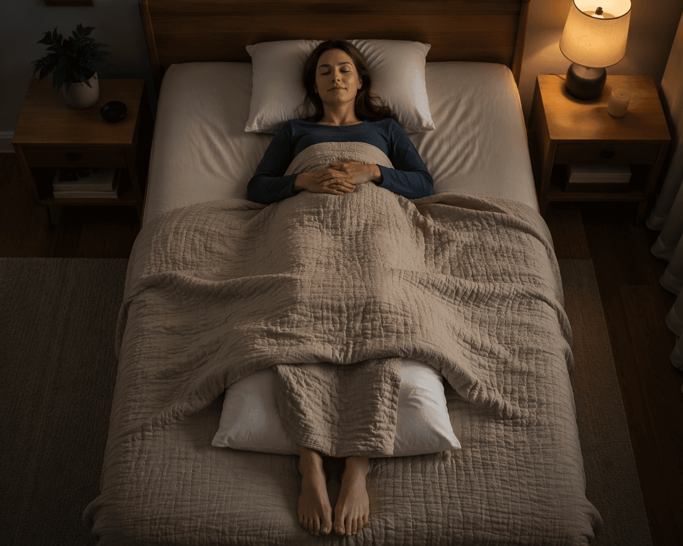 Person sleeping on their back with a medium-loft head pillow and a separate pillow under the knees