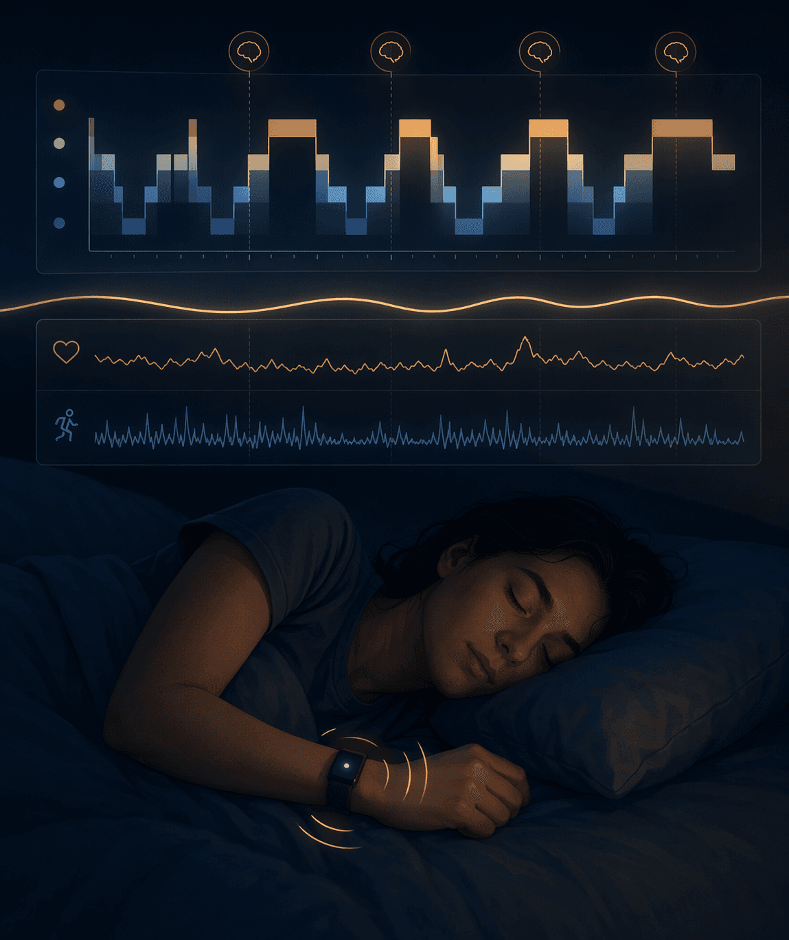 Sleeping person with wearable data panels separating proxy signals from confident sleep-stage labels