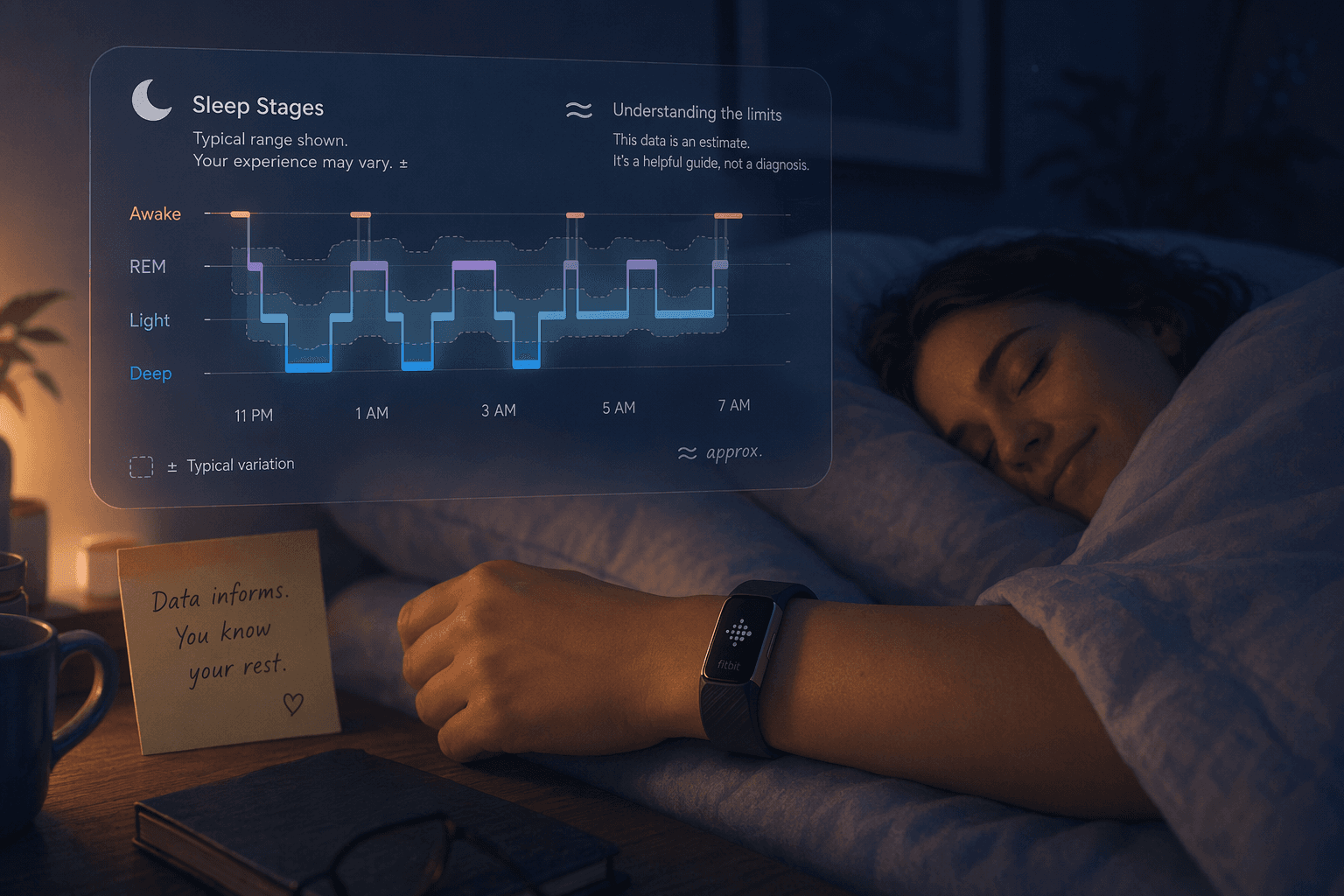 A Fitbit device on a wrist rests beside a bed where a person sleeps peacefully under blankets. A translucent overlay with sleep stage lines and approximate notation floats above, suggesting data uncertainty. The color palette is muted midnight blue and soft amber.