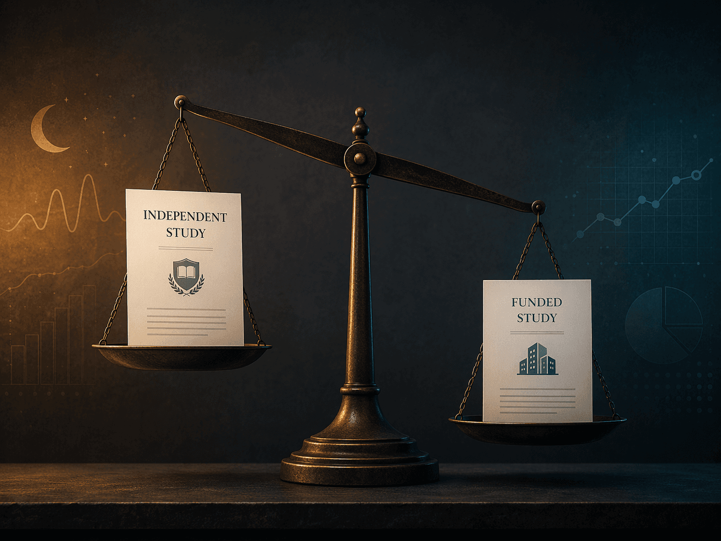 Illustration of a scale comparing an independent study document with a funded study document