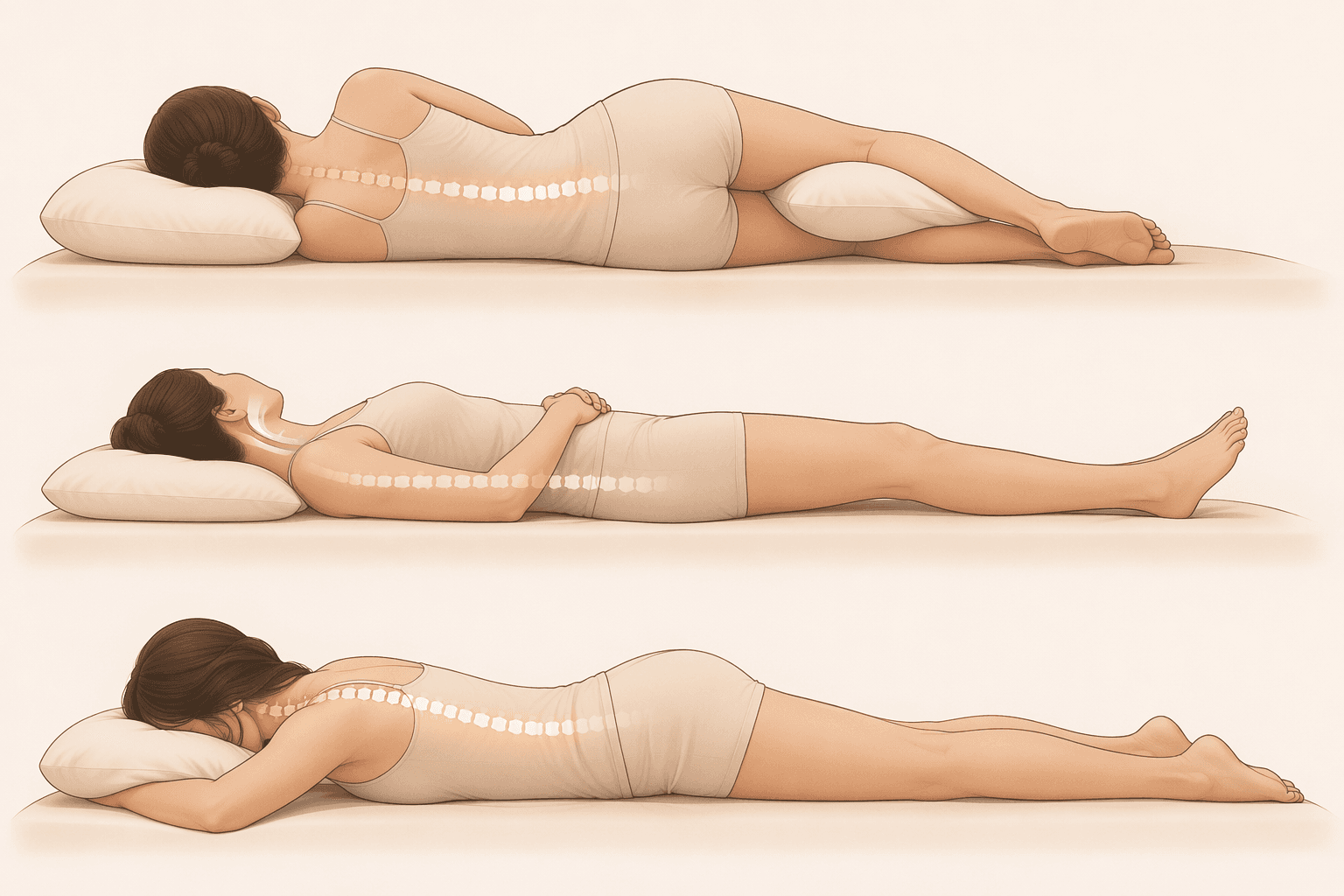 Three sleeping figures in side, back, and stomach positions with posture cues.