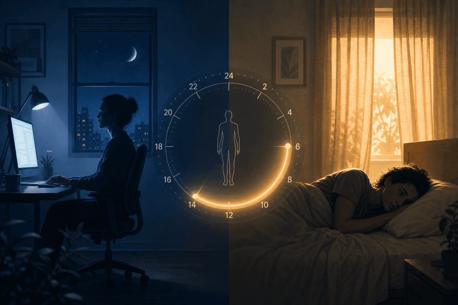 Split editorial illustration showing a night shift worker alert at a workstation under blue-white artificial light on the left, and the same figure restless in a bright daytime bedroom on the right, with a 24-hour body-clock dial at center showing circadian phase misalignment.