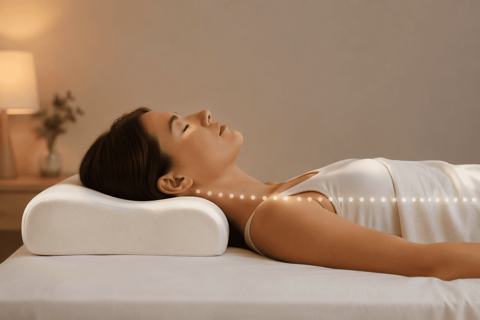 Side-profile silhouette showing correct head pillow height for neutral head, neck, and spine alignment while back sleeping