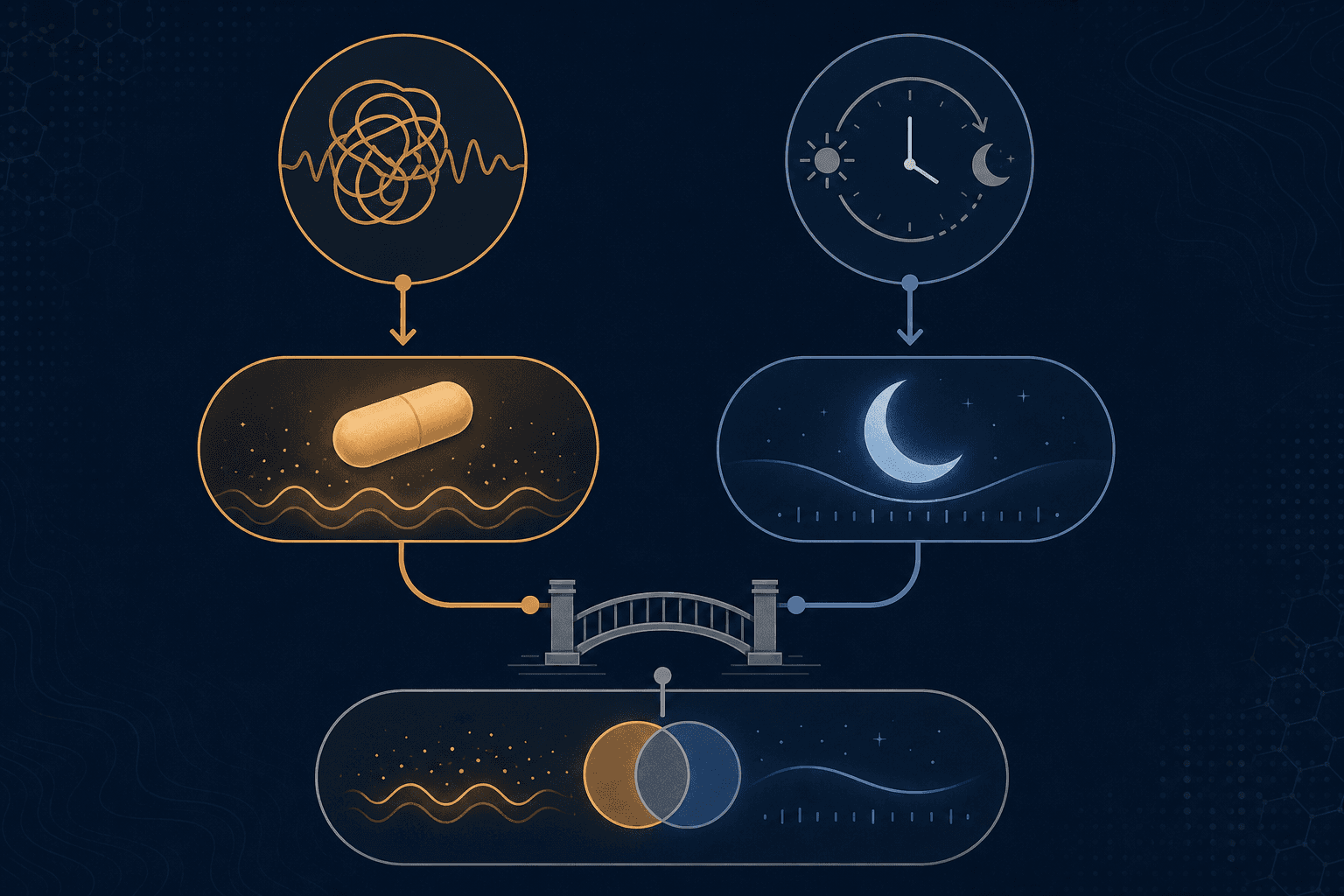Decision pathway diagram showing two lanes: left lane with a stress icon leading to a calming capsule for sleep quality issues, right lane with a sun-moon clock icon leading to a crescent moon for circadian disruptions, converging at the bottom for combination use.