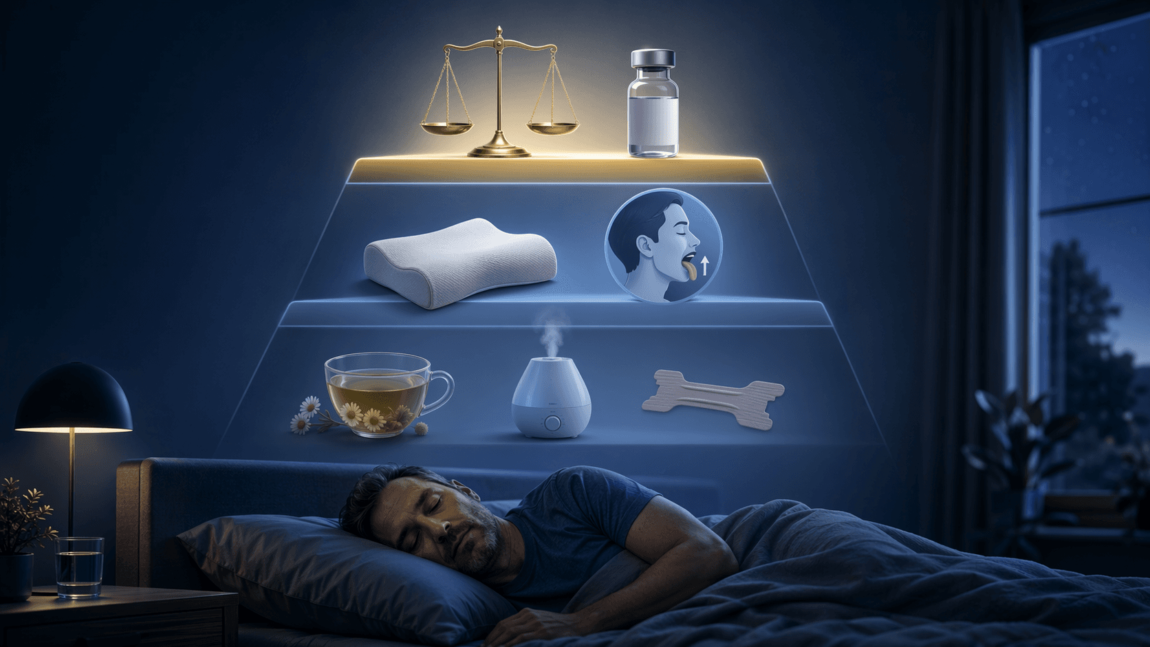 Bedroom scene with sleep apnea remedies arranged in evidence tiers