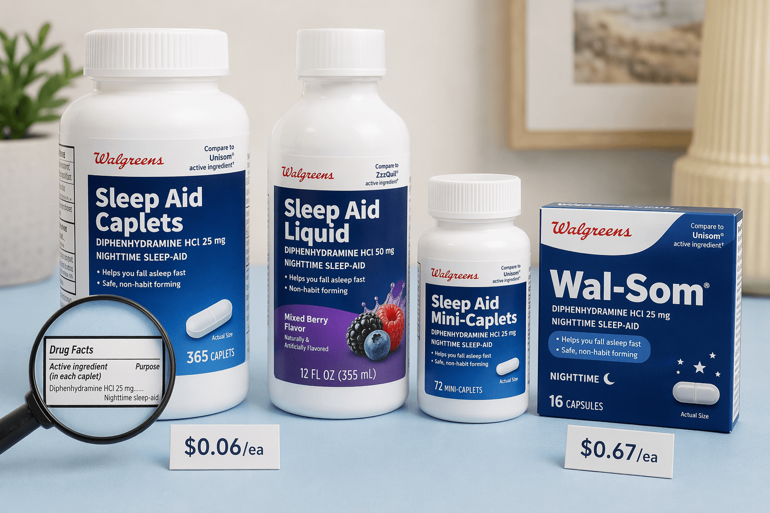 Walgreens-brand sleep aid products arranged on a pale blue surface including a caplet bottle, liquid bottle, mini-caplets, and Wal-Som box with a magnifying glass over the diphenhydramine HCl 25 mg ingredient label and small price comparison tags beneath