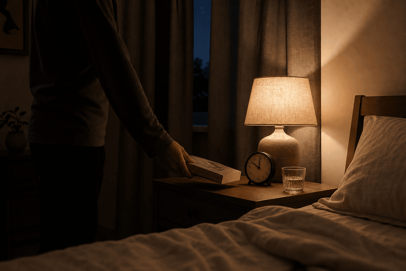 A calm, dimly lit bedroom showing a person placing a book on a nightstand beside an analog clock reading 10:00 PM, a glass of water, and a warm amber lamp, with blackout curtains partially drawn.