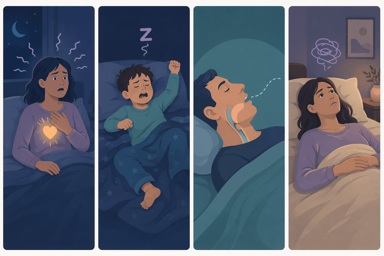 Four minimalist vignettes arranged side by side in muted blues, lavender, teal, and warm sand tones. First shows a person sitting up awake with a glowing heart and wavy lines. Second shows a thrashing figure with closed eyes. Third shows a face profile with a highlighted airway. Fourth shows a person lying awake gazing at the ceiling with worry lines.