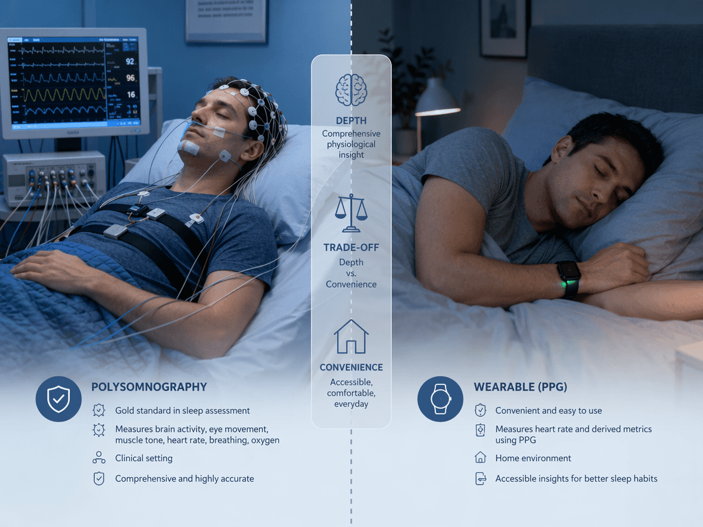 Split editorial illustration: left side shows a person in a sleep lab with full polysomnography electrodes on the scalp, face, and chest connected to a monitoring machine; right side shows a person sleeping at home wearing only a smart watch.