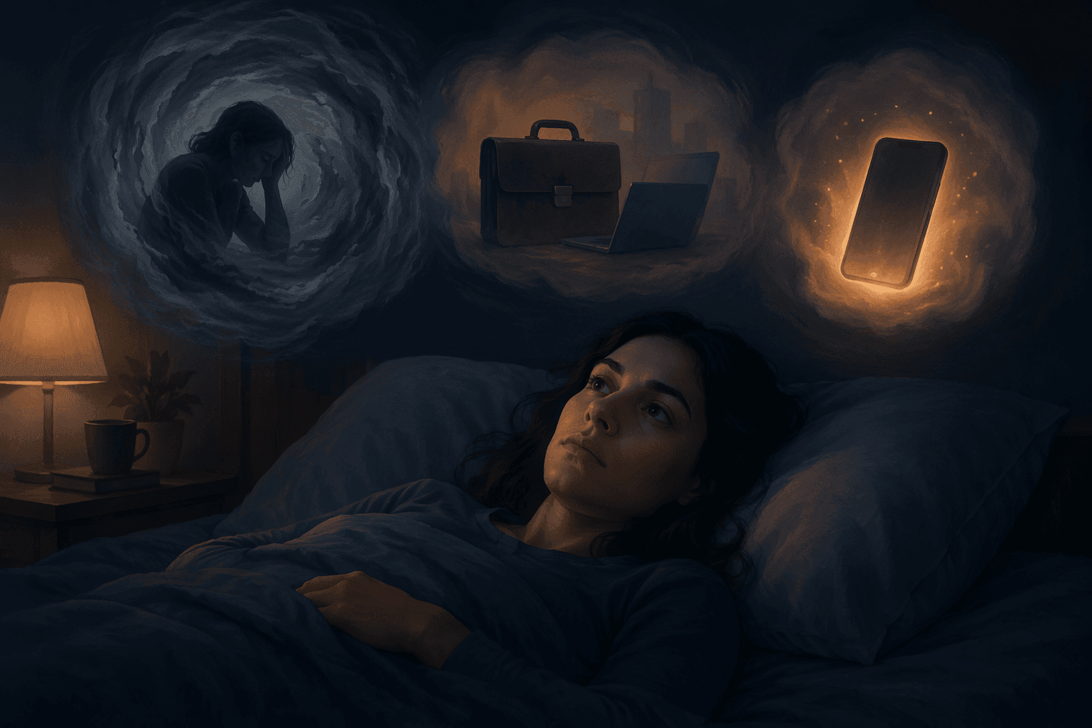 A person awake in bed with symbols for stress, work pressure, and screen use floating nearby