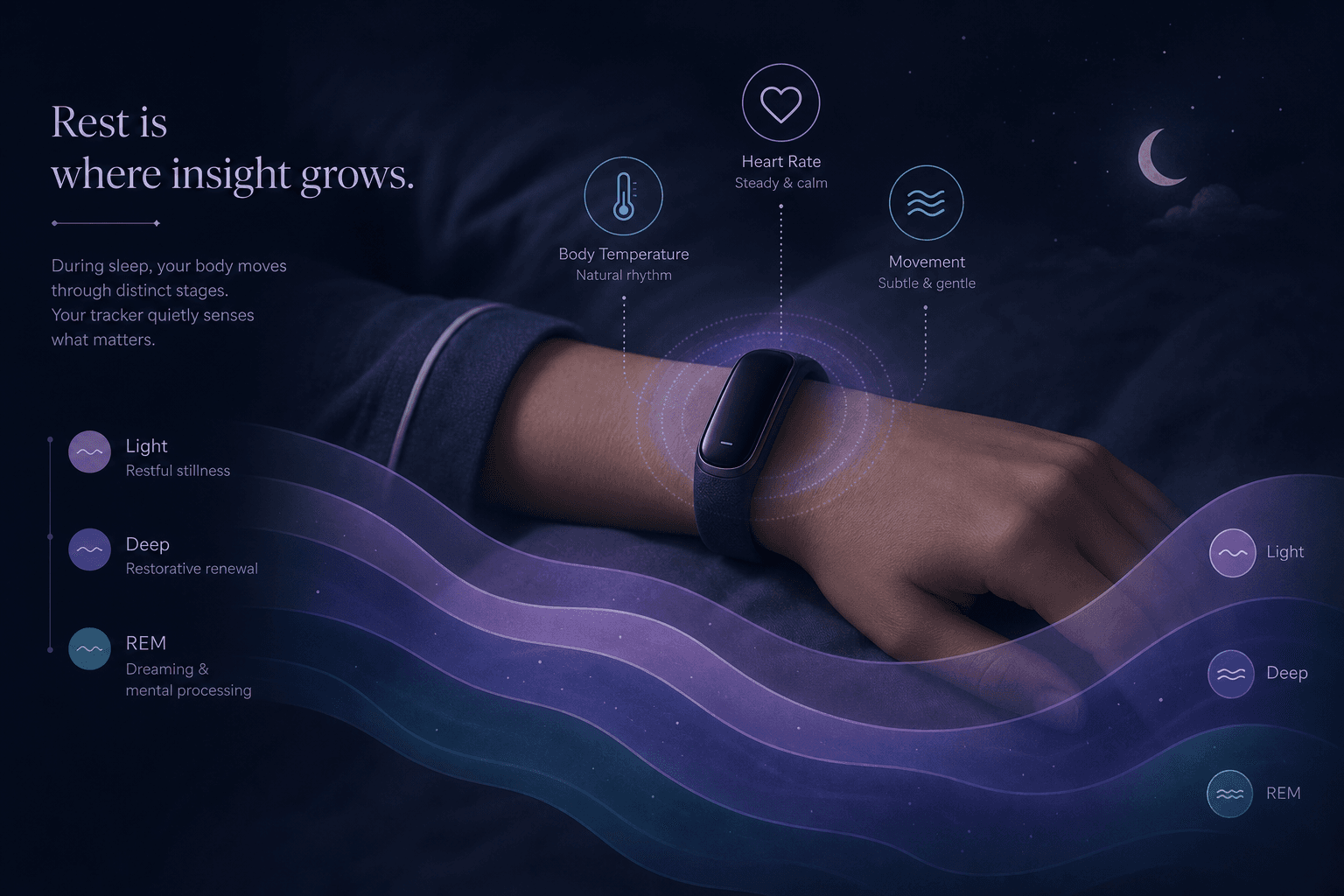 A wrist wearing a fitness tracker in a dark bed setting, with semi-transparent layered overlays in soft lavender, teal, and deep blue representing sleep stages glowing around the device.