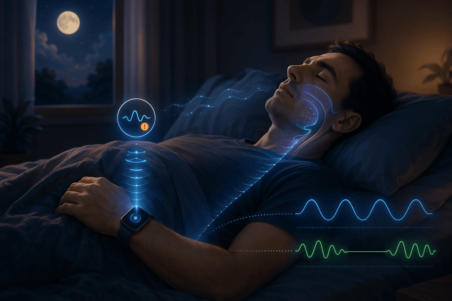 A smartwatch monitoring breathing patterns while a person sleeps