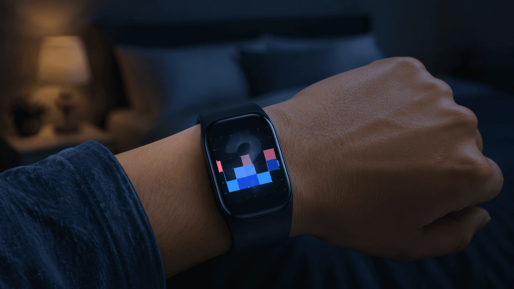 Fitbit-style sleep tracker showing a colored sleep-stage graph in a dark bedroom setting