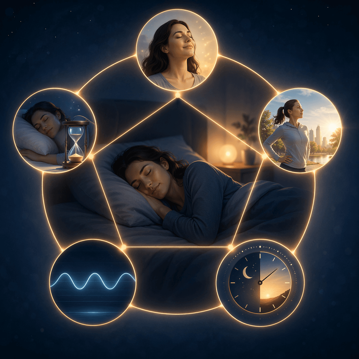 Sleeping person surrounded by five interconnected nodes representing satisfaction, alertness, timing, efficiency, and duration