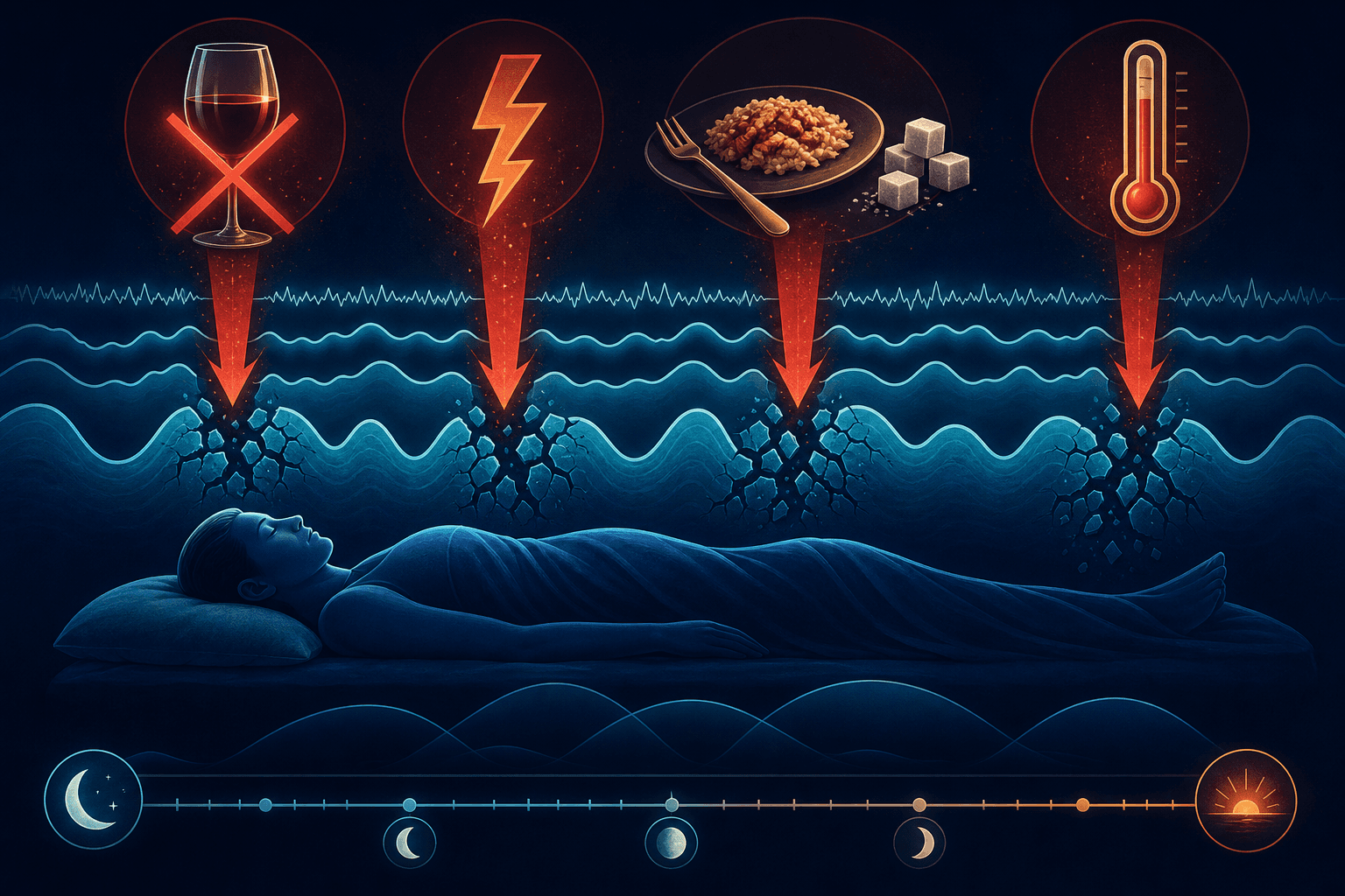 Sleep stage timeline showing fragmented deep sleep zones with icons for alcohol, late meals, and high temperature.