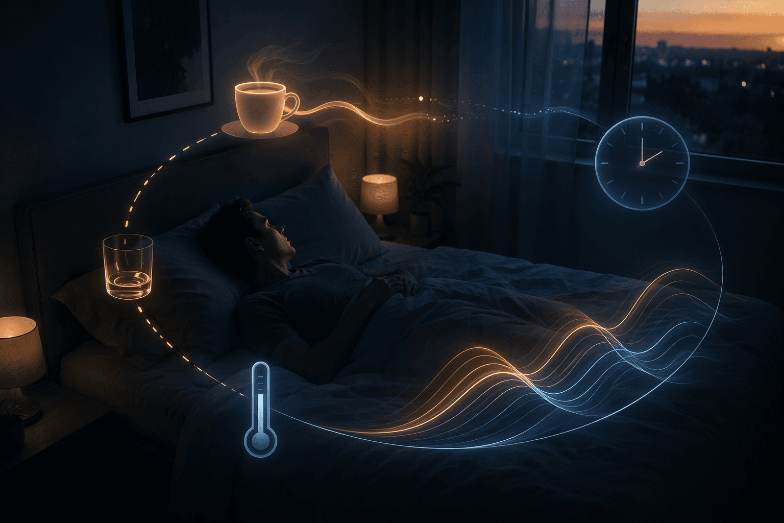 Person lying in bed surrounded by sleep habit cues including coffee, alcohol, temperature, clock, and light