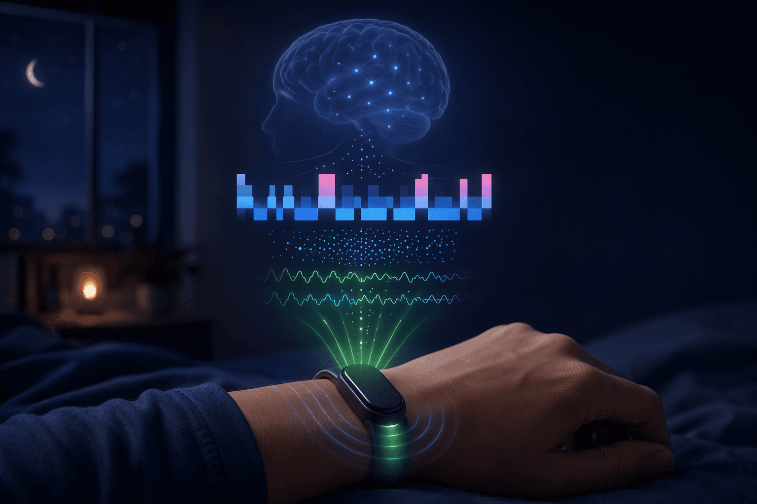 A wrist sleep tracker sending light and motion signals through a data pipeline into sleep stage bars